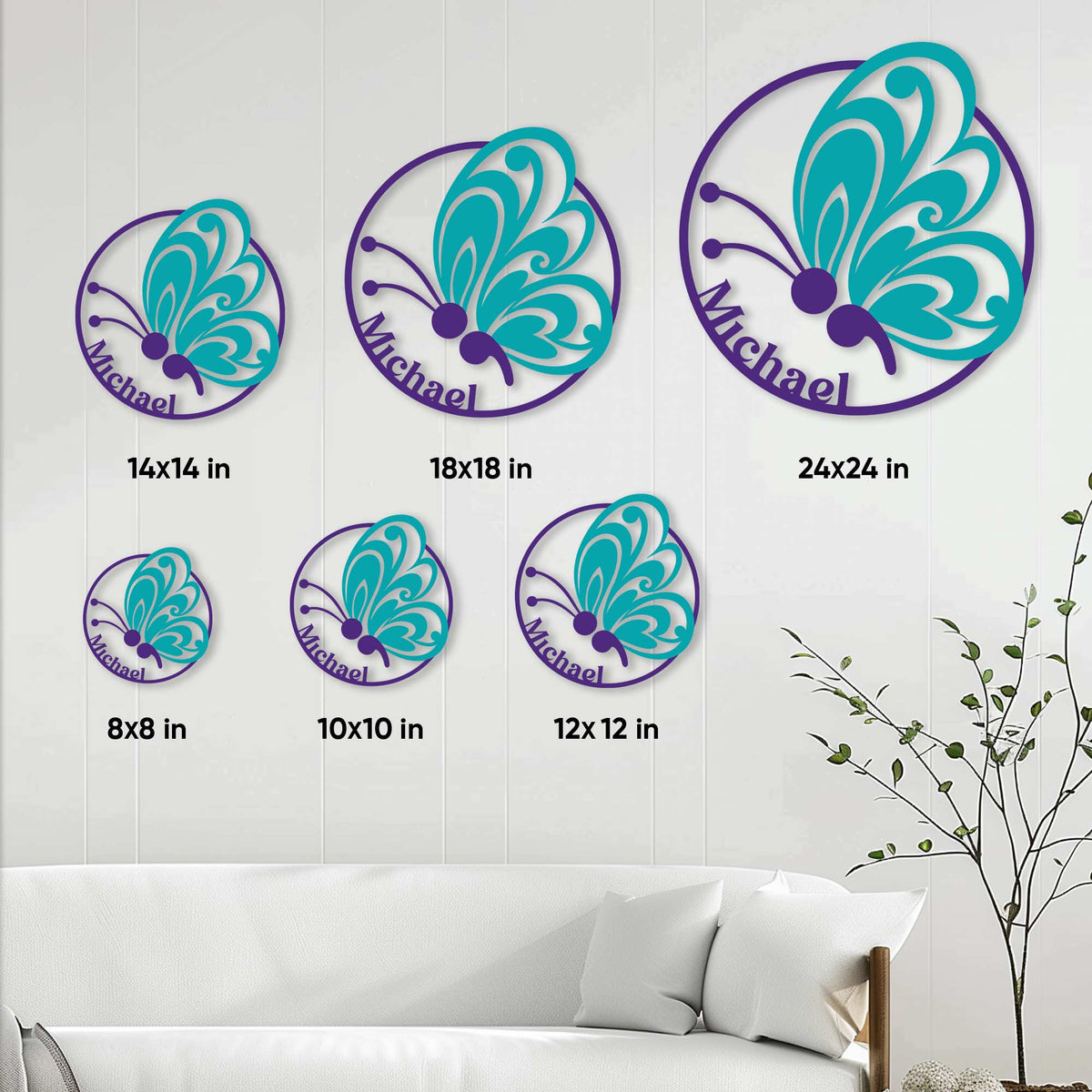 Suicide prevention butterfly sign size guide showing options from 8 by 8 to 24 by 24 inches