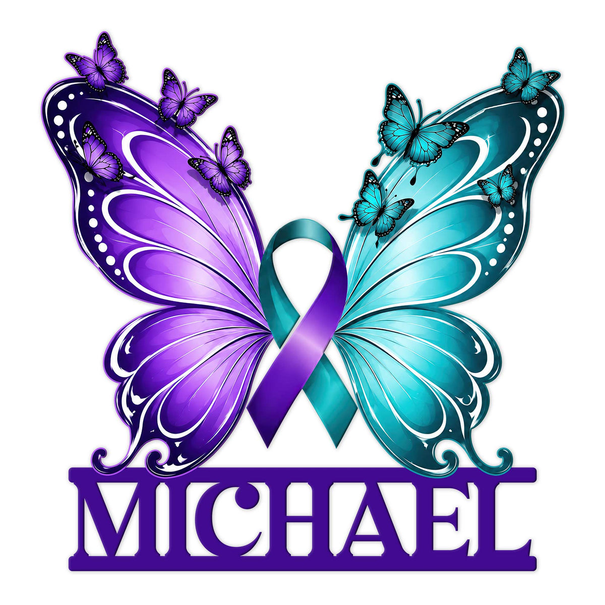 Suicide prevention metal sign with purple and teal butterflies surrounding an awareness ribbon