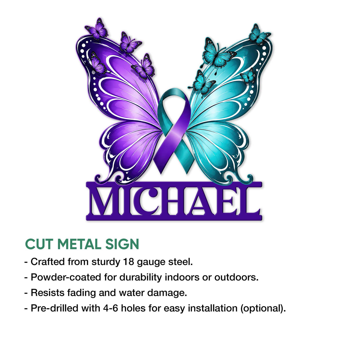Cut metal suicide awareness sign featuring colorful butterflies and a teal and purple prevention ribbon