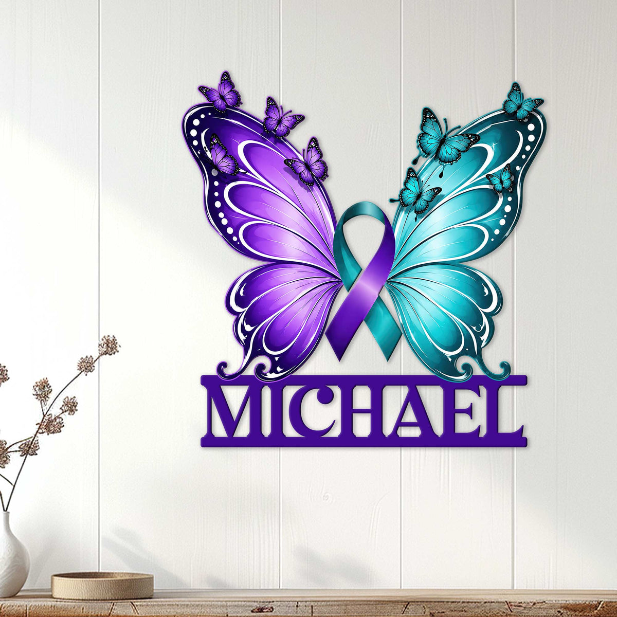 Suicide prevention butterfly sign displayed as colorful wall decor on a light wood-paneled wall