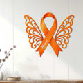 Multiple Sclerosis awareness ribbon metal wall decor displayed on a white paneled wall
