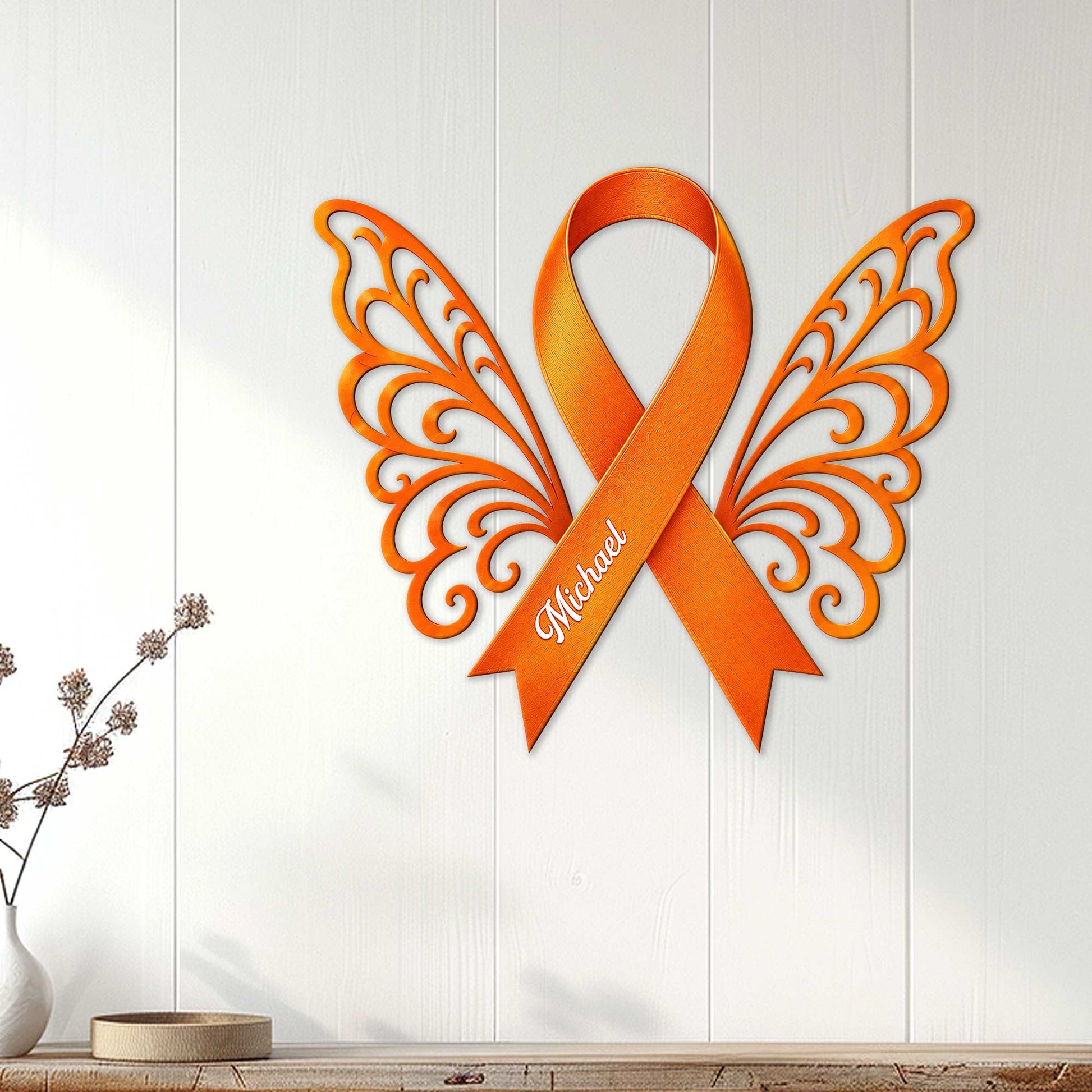Multiple Sclerosis awareness ribbon metal wall decor displayed on a white paneled wall