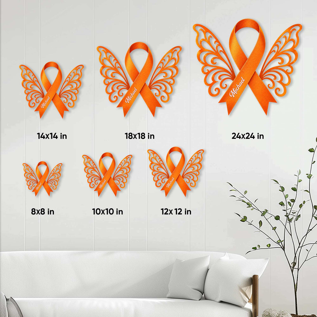 Multiple Sclerosis ribbon metal sign size guide showing options from 8 by 8 to 24 by 24 inches