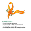 Multiple Sclerosis awareness ribbon cut metal sign shown with product feature details