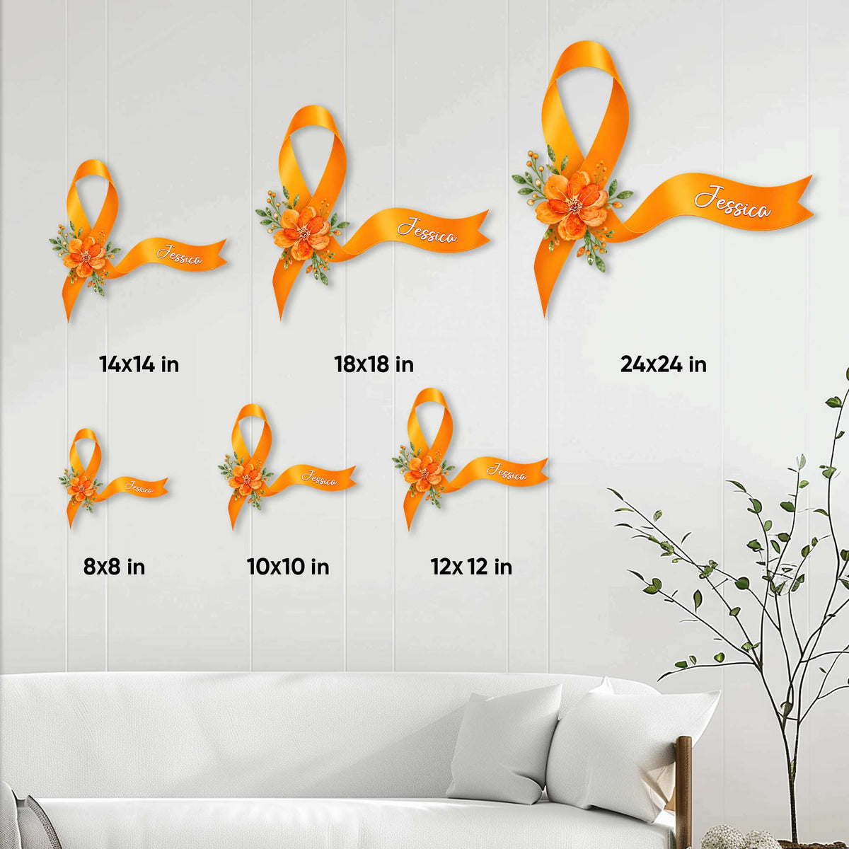 Multiple Sclerosis awareness ribbon metal sign size guide showing options from 8 by 8 to 24 by 24 inches