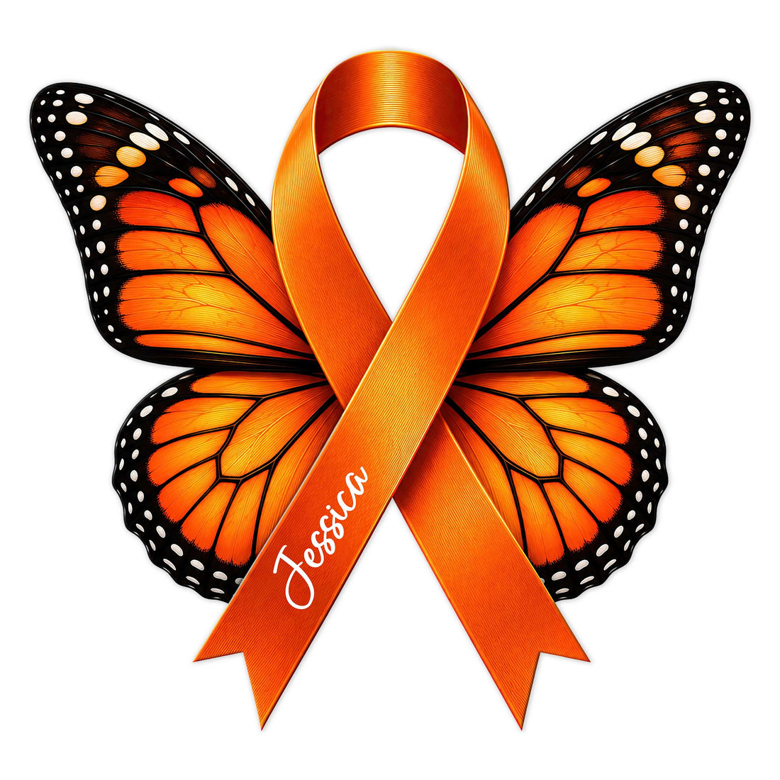 Orange Multiple Sclerosis awareness ribbon layered over a detailed monarch butterfly design on a metal sign