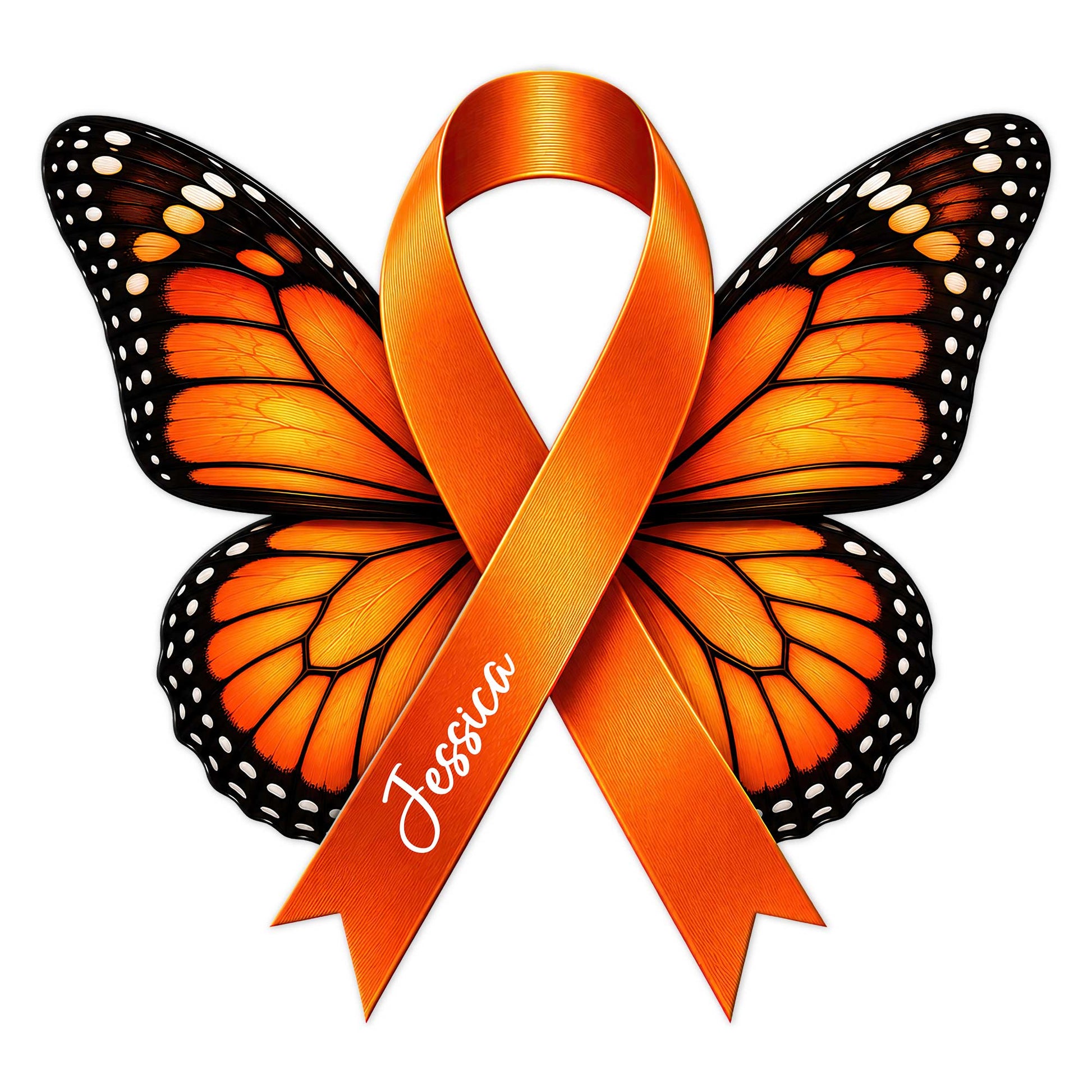 Orange Multiple Sclerosis awareness ribbon layered over a detailed monarch butterfly design on a metal sign