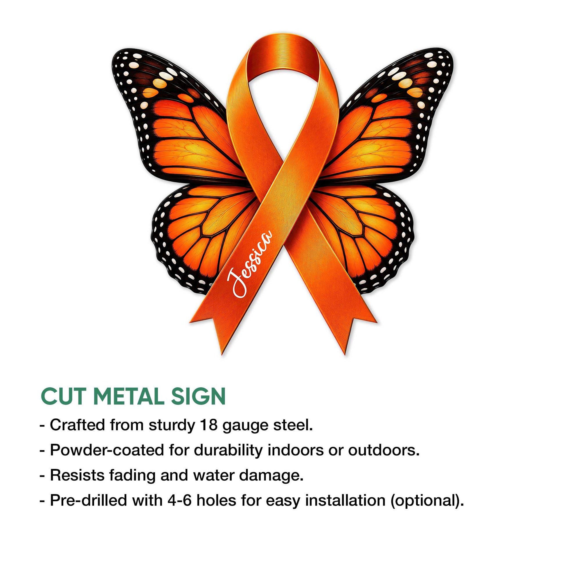 Multiple Sclerosis butterfly ribbon metal sign shown with a cut-metal sign feature graphic