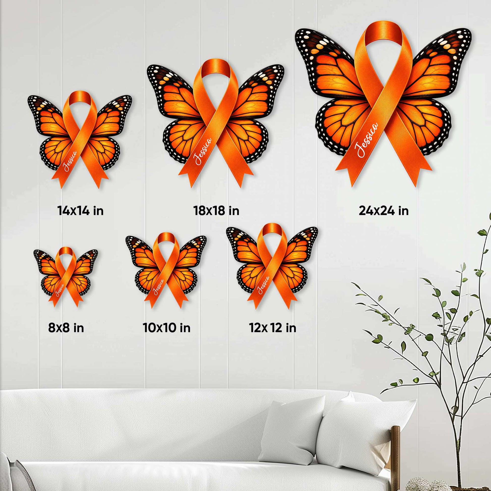 Multiple Sclerosis awareness butterfly sign shown in several size options on a living room wall