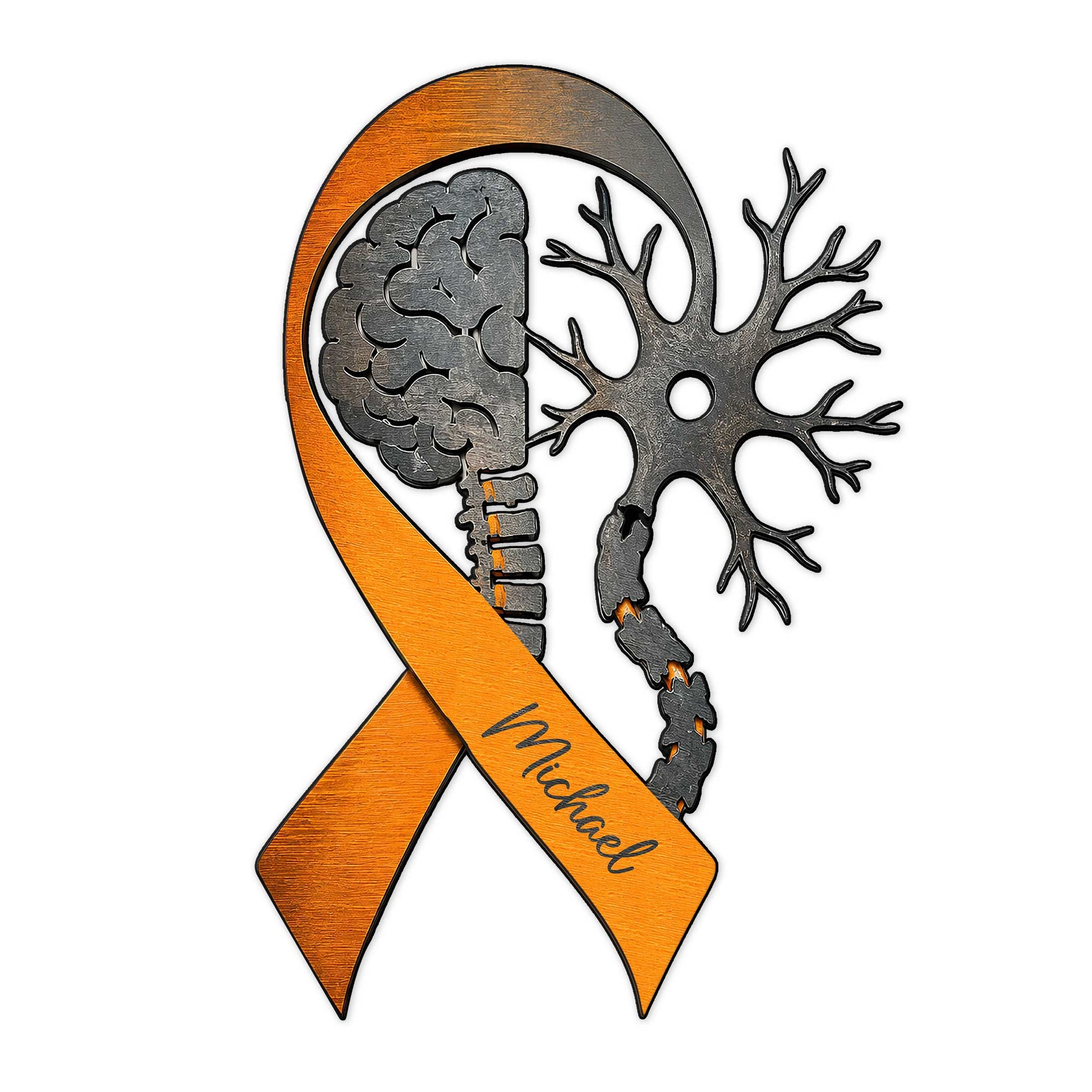 Custom Multiple Sclerosis metal sign featuring an orange awareness ribbon with a brain, neuron, and spinal cord design