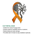 Multiple Sclerosis awareness metal sign shown as a cut metal design with an orange ribbon and neurological artwork