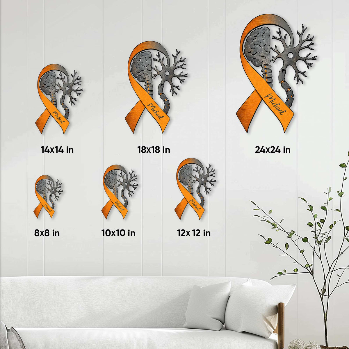 Multiple Sclerosis orange ribbon metal sign shown in available 8x8, 10x10, 12x12, 14x14, 18x18, and 24x24 inch sizes