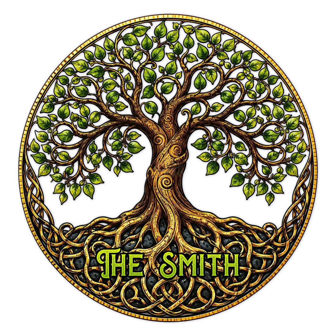 Ornate Tree of Life metal sign with leafy branches, curling roots, and Celtic-inspired knotwork
