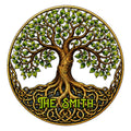Ornate Tree of Life metal sign with leafy branches, curling roots, and Celtic-inspired knotwork