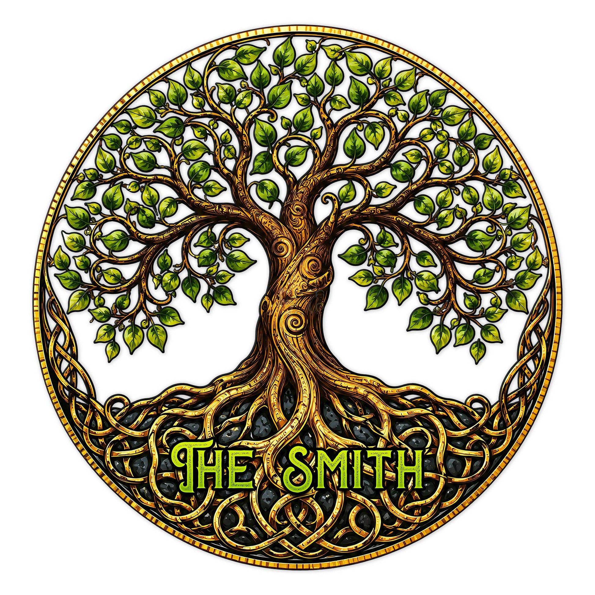 Ornate Tree of Life metal sign with leafy branches, curling roots, and Celtic-inspired knotwork
