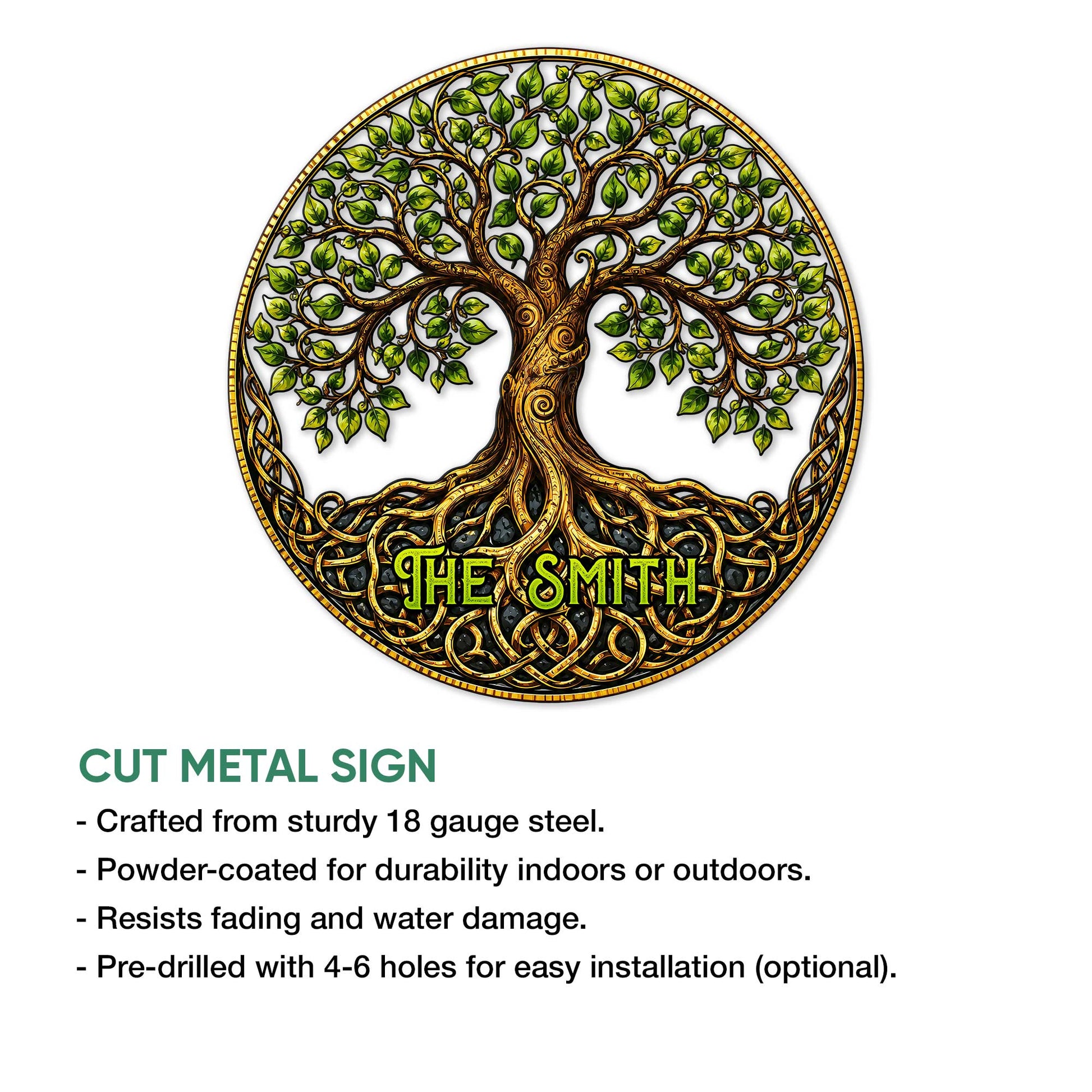 Tree of Life cut metal sign feature graphic showing the round family wall decor design