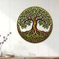 Tree of Life metal sign displayed on a white paneled wall above a console table