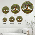 Tree of Life metal sign size guide showing round designs from 8 by 8 to 24 by 24 inches