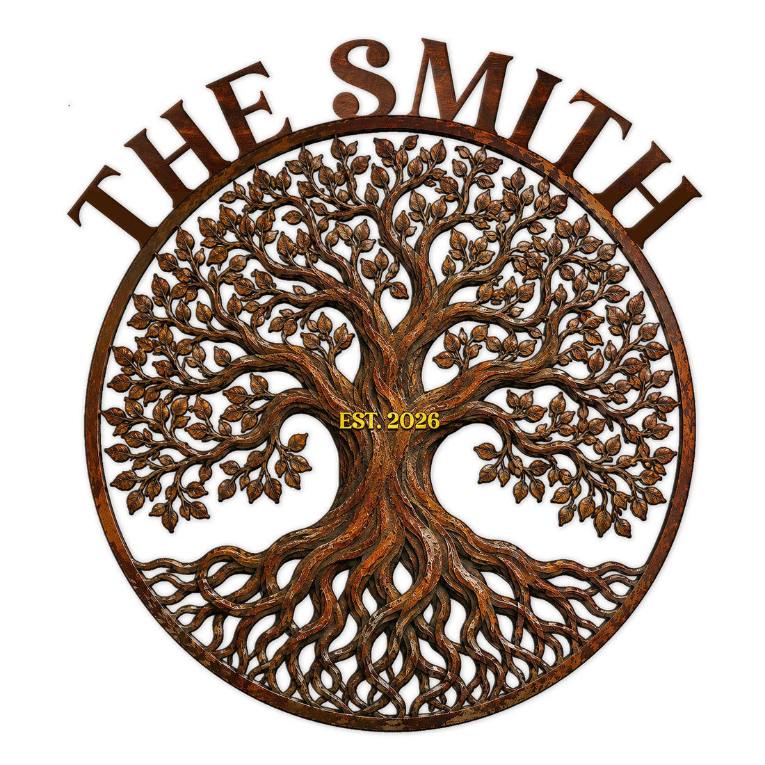 Custom Tree of Life metal sign with intricate branches, roots, leaves, and circular family design