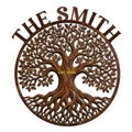 Custom Tree of Life metal sign with intricate branches, roots, leaves, and circular family design