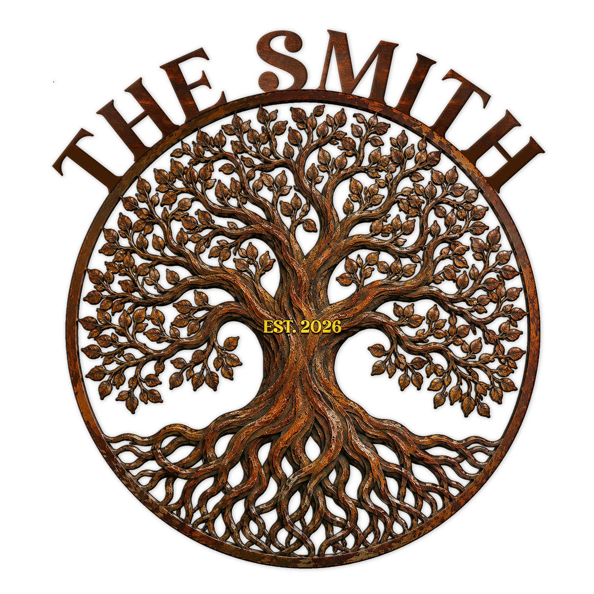 Custom Tree of Life metal sign with intricate branches, roots, leaves, and circular family design