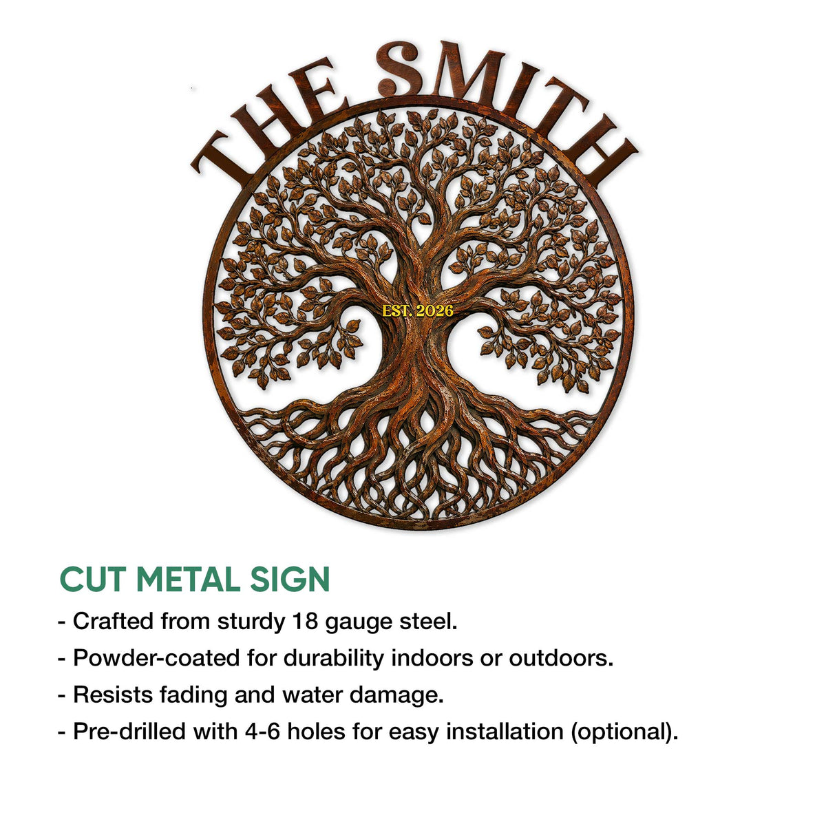 Tree of Life cut metal sign shown with product feature details for indoor or outdoor display