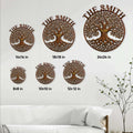 Tree of Life metal sign size guide showing available round sizes from 8 by 8 to 24 by 24 inches
