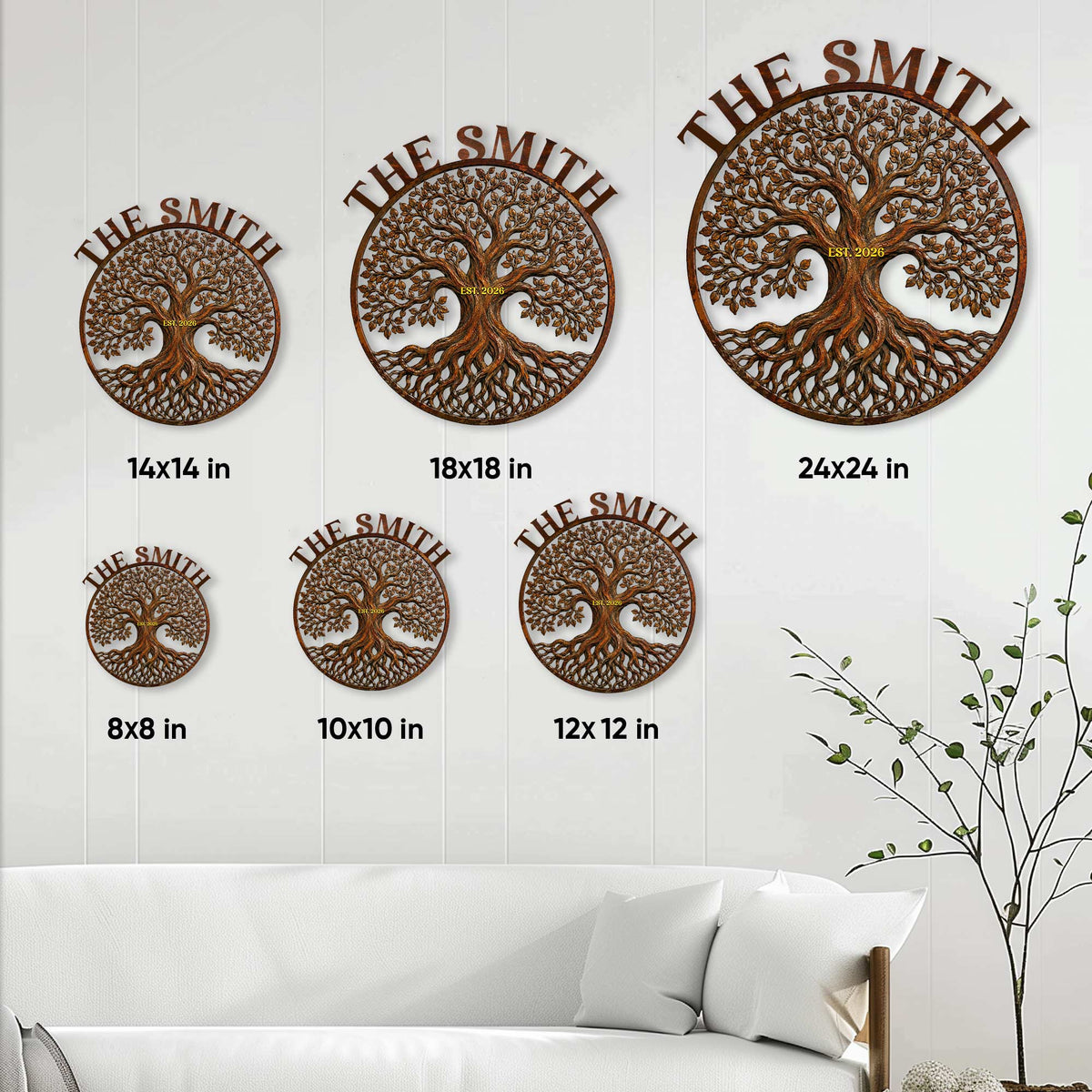 Tree of Life metal sign size guide showing available round sizes from 8 by 8 to 24 by 24 inches