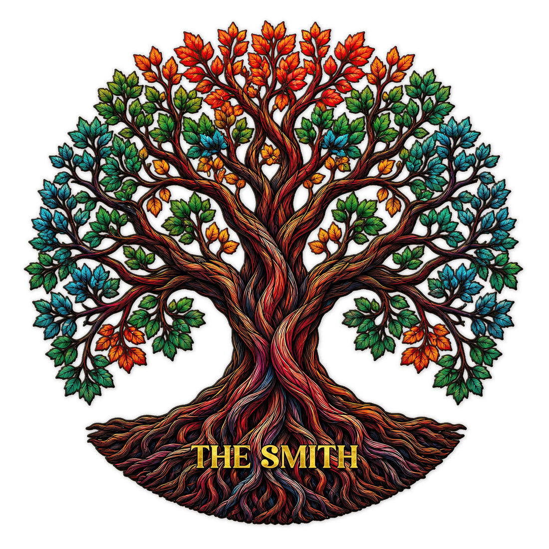 Colorful Tree of Life metal sign with twisting roots, vibrant leaves, and a custom family design