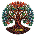 Colorful Tree of Life metal sign with twisting roots, vibrant leaves, and a custom family design
