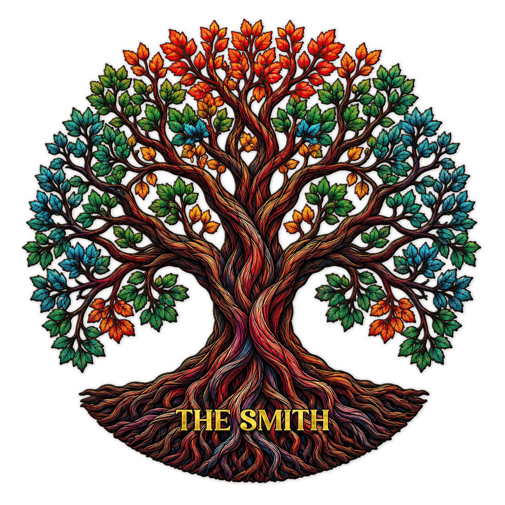 Colorful Tree of Life metal sign with twisting roots, vibrant leaves, and a custom family design