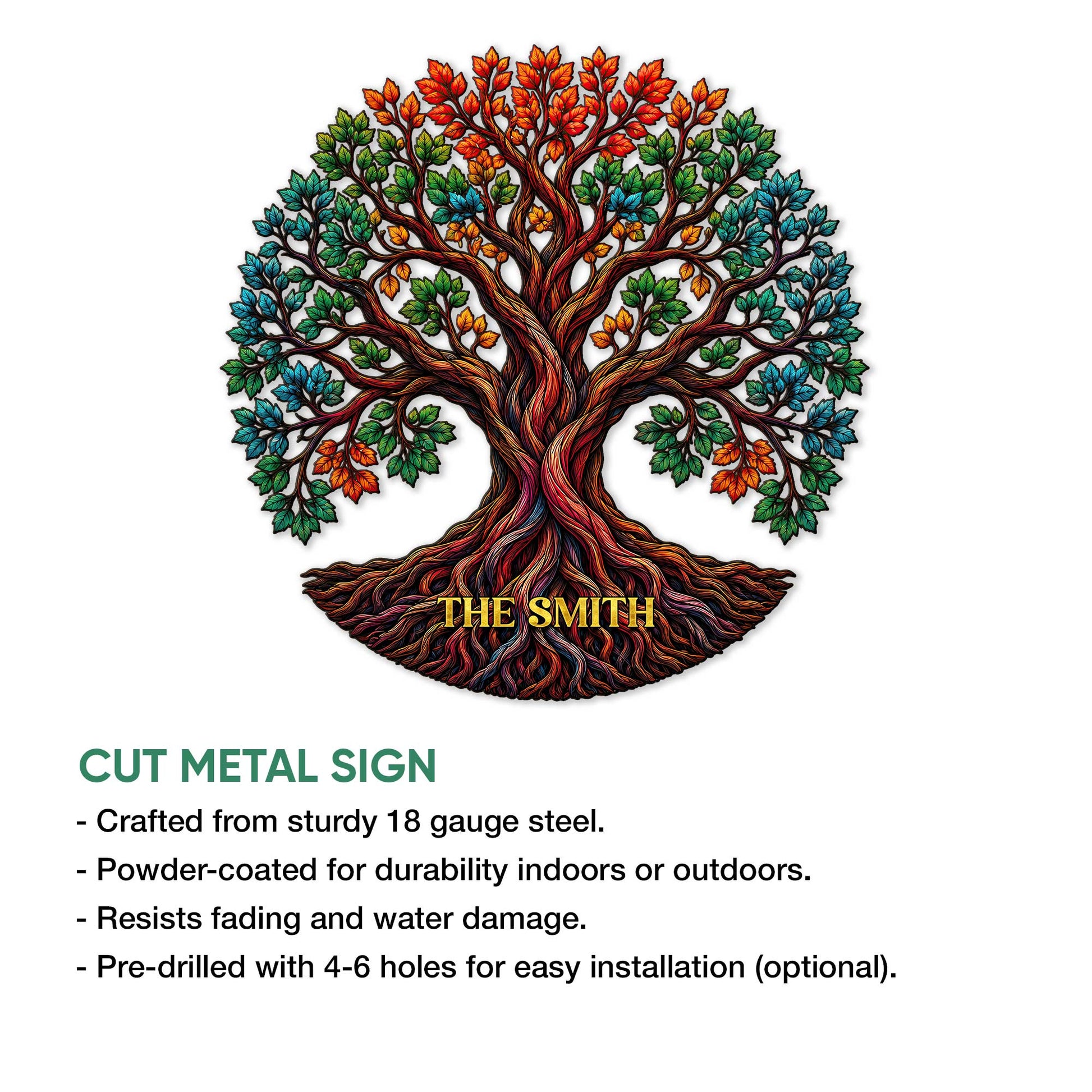 Tree of Life metal sign displayed as a product feature graphic with colorful branches and spreading roots