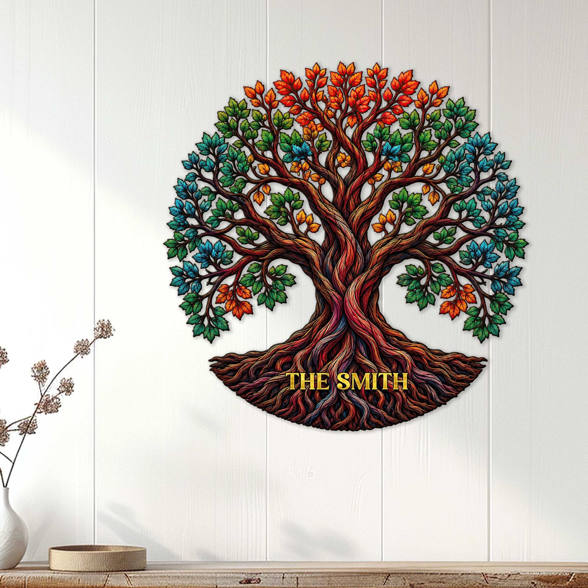 Colorful Tree of Life family sign displayed on a light paneled wall in a home interior