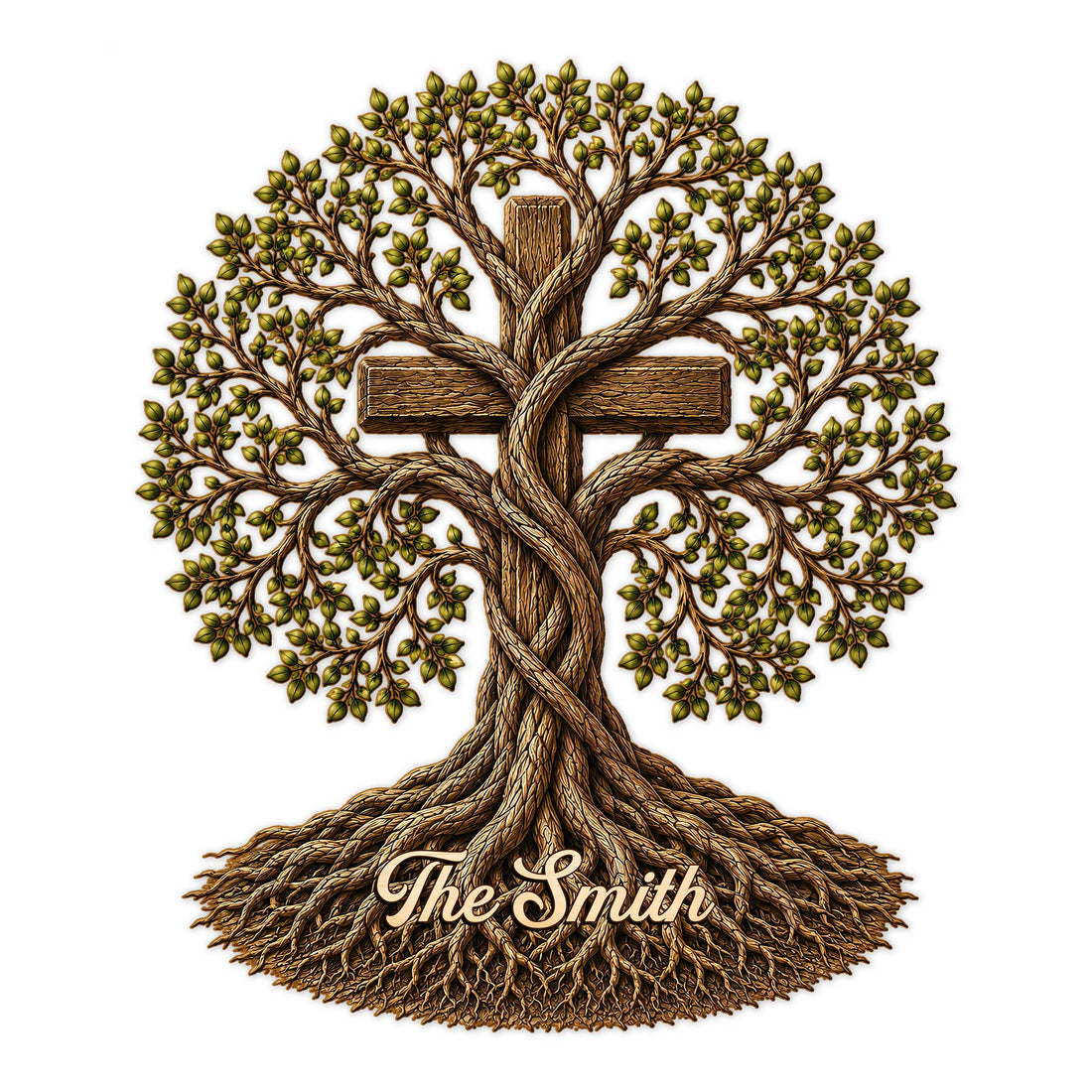 Tree of Life metal sign with leafy branches, intertwined roots, and a rustic cross-inspired family design