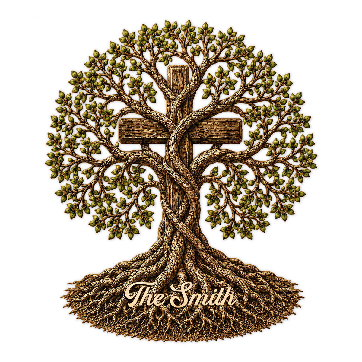 Tree of Life metal sign with leafy branches, intertwined roots, and a rustic cross-inspired family design