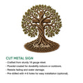 Tree of Life family metal sign shown as cut metal wall decor with leafy branches and deep roots