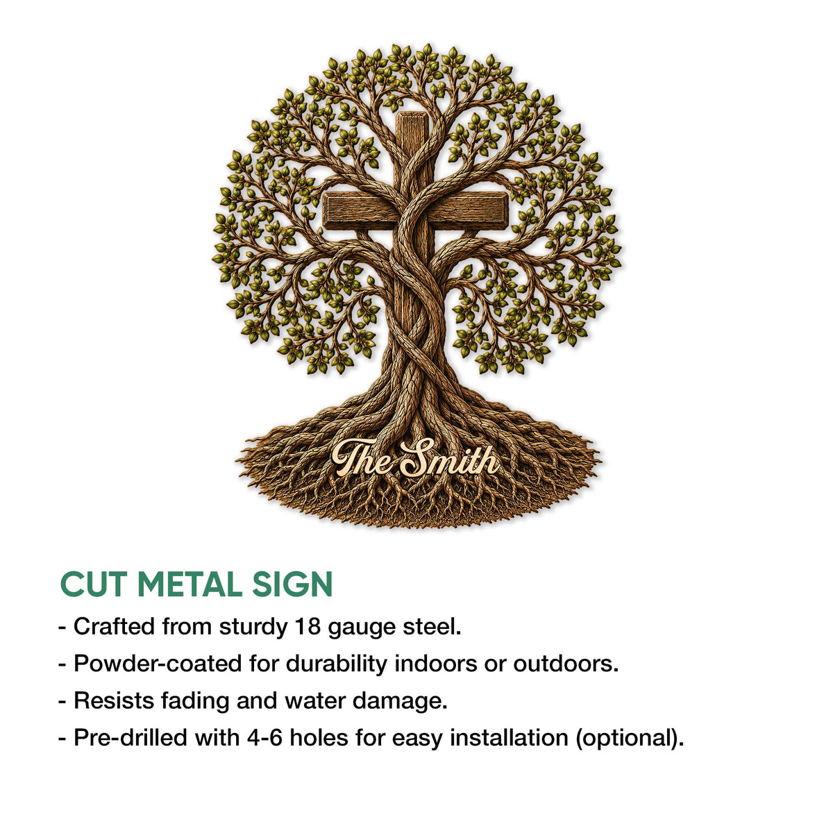 Tree of Life family metal sign shown as cut metal wall decor with leafy branches and deep roots