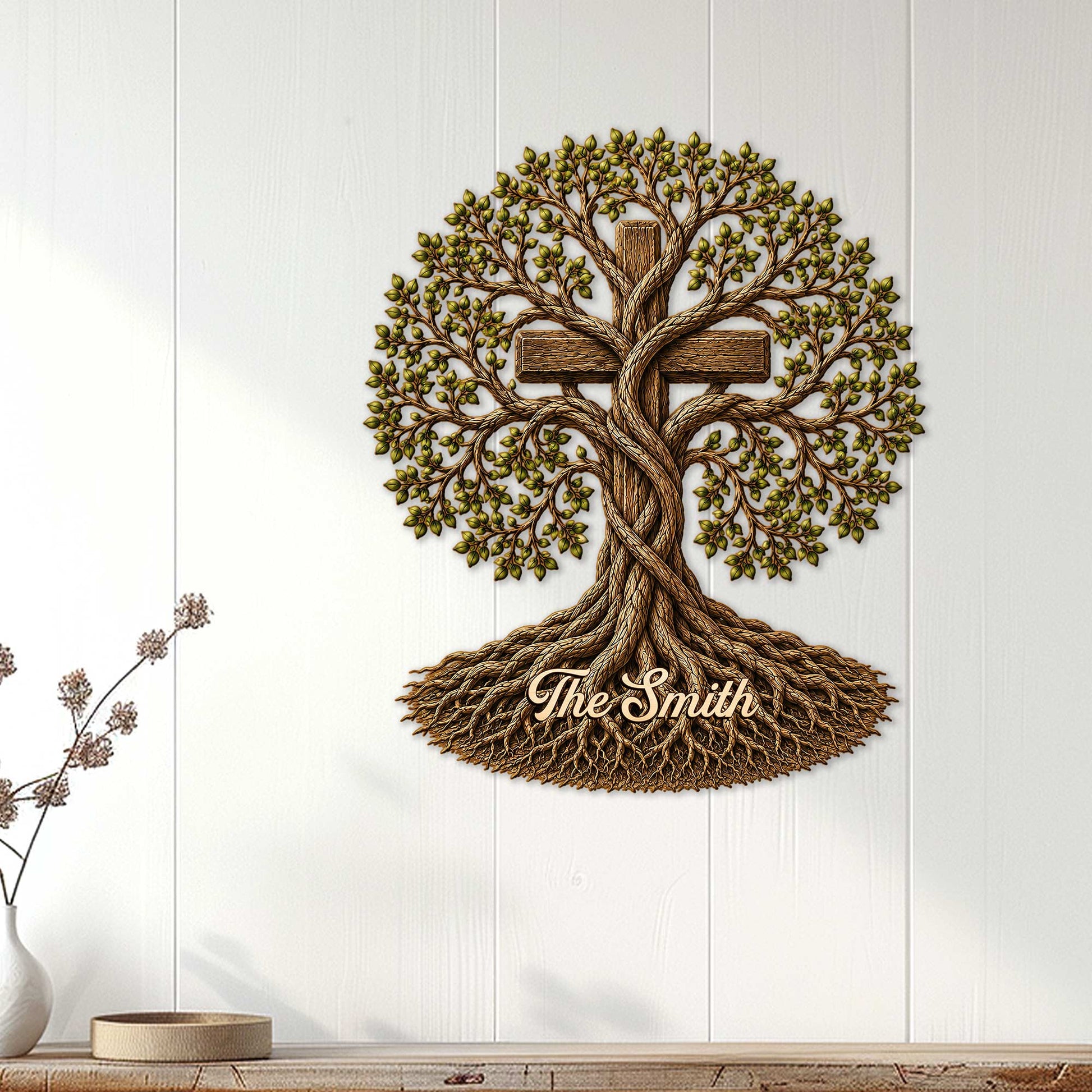Tree of Life cross wall sign displayed on white paneling as faith-inspired family home decor