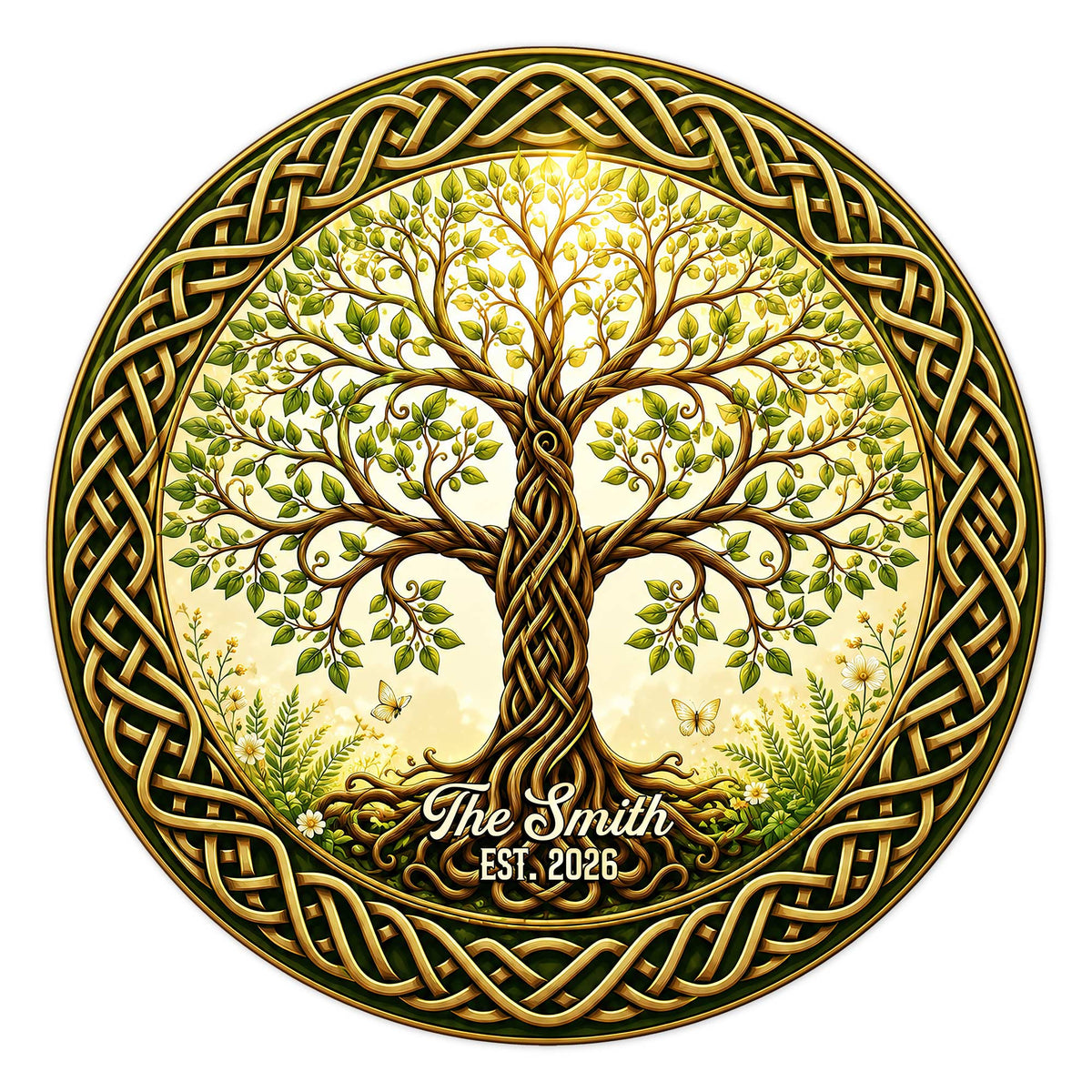 Celtic Tree of Life metal sign with intertwined branches, leafy details, butterflies, and ornate knotwork border