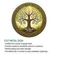 Celtic Tree of Life cut metal sign shown with an illustrated product feature guide