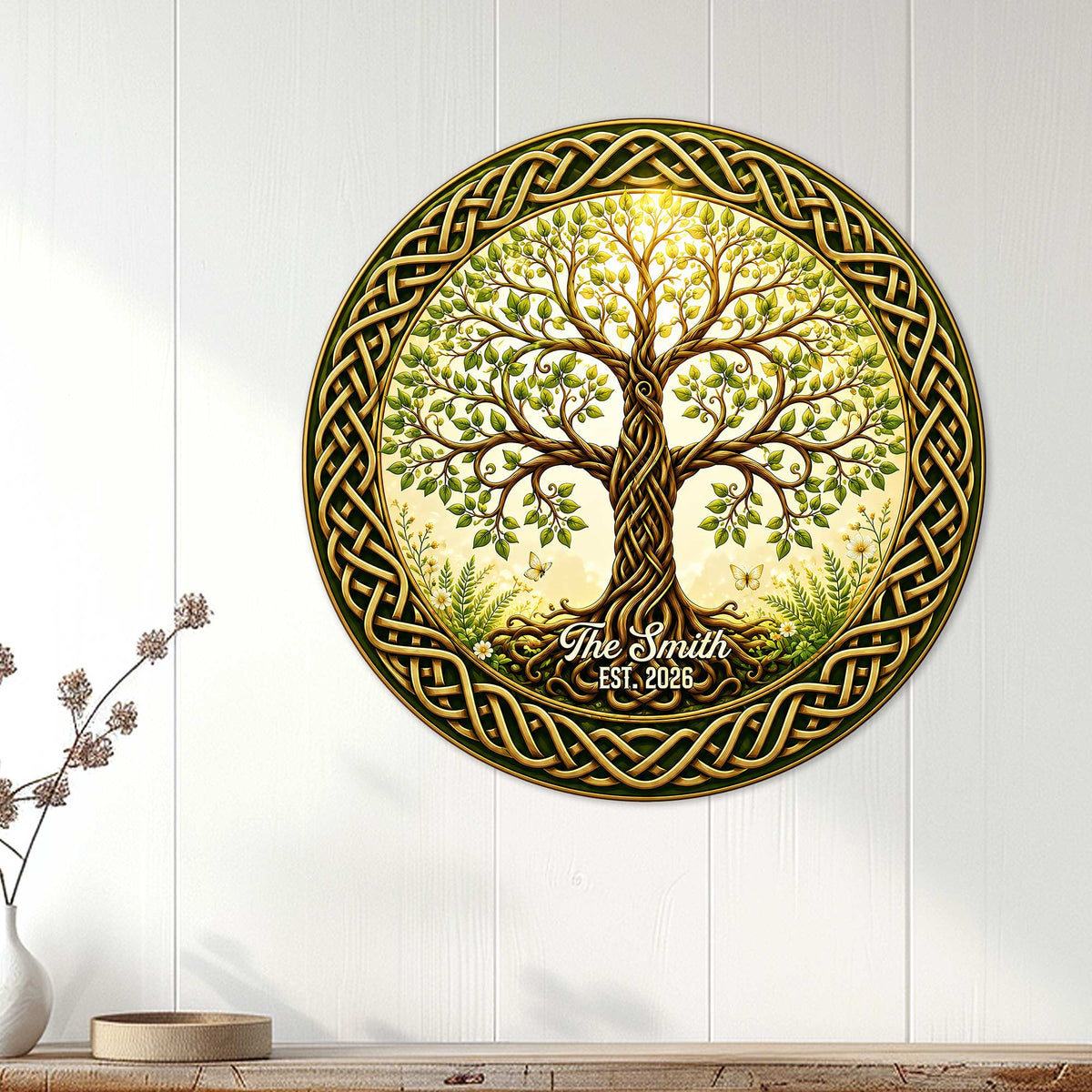 Celtic Tree of Life wall decor displayed on white paneling in a bright home interior