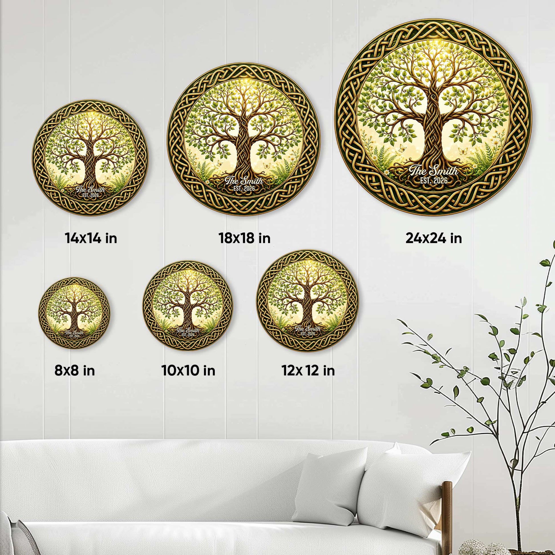 Celtic Tree of Life metal sign size guide showing round designs in six available dimensions