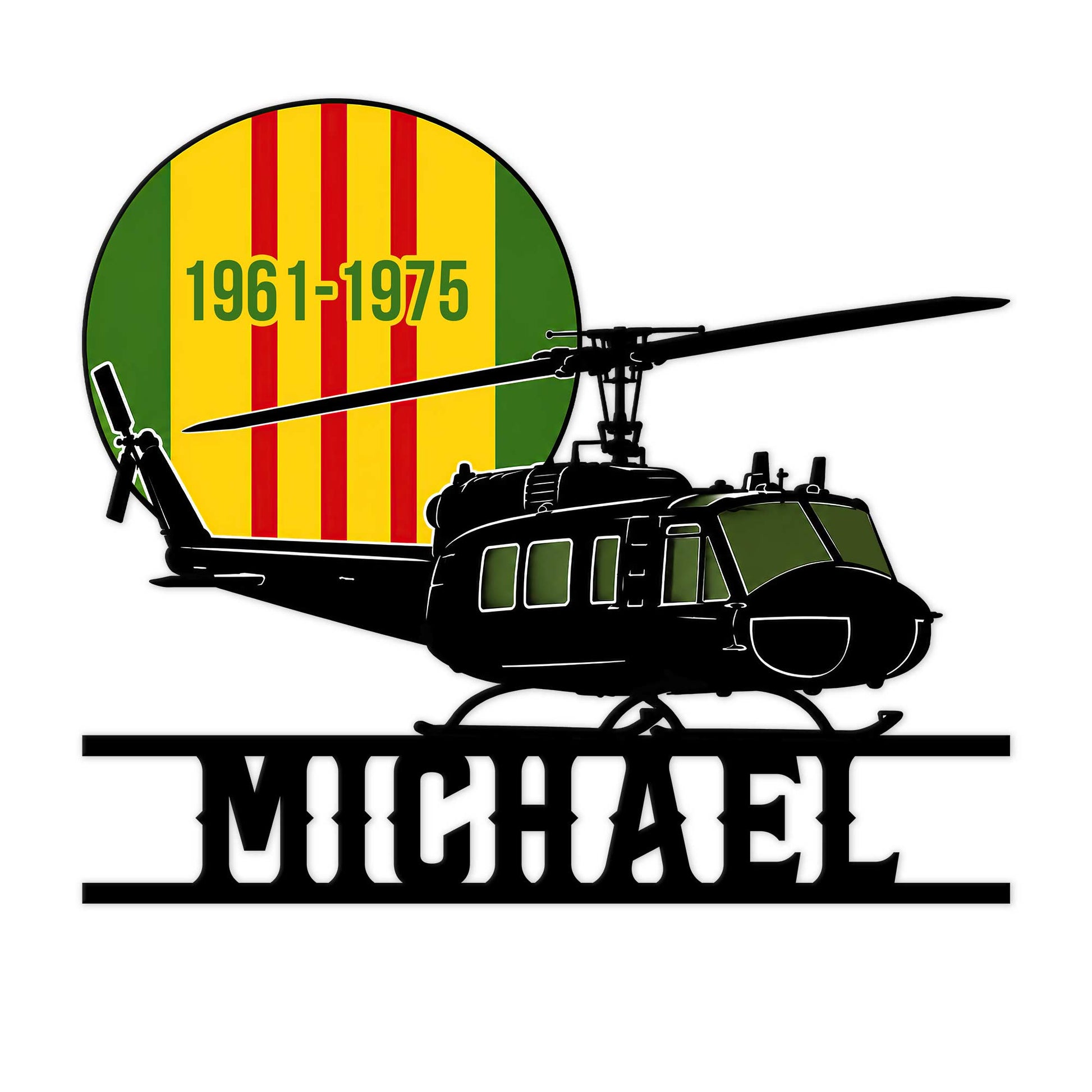 Vietnam Veteran metal sign featuring a Huey helicopter silhouette over a historic service-themed backdrop