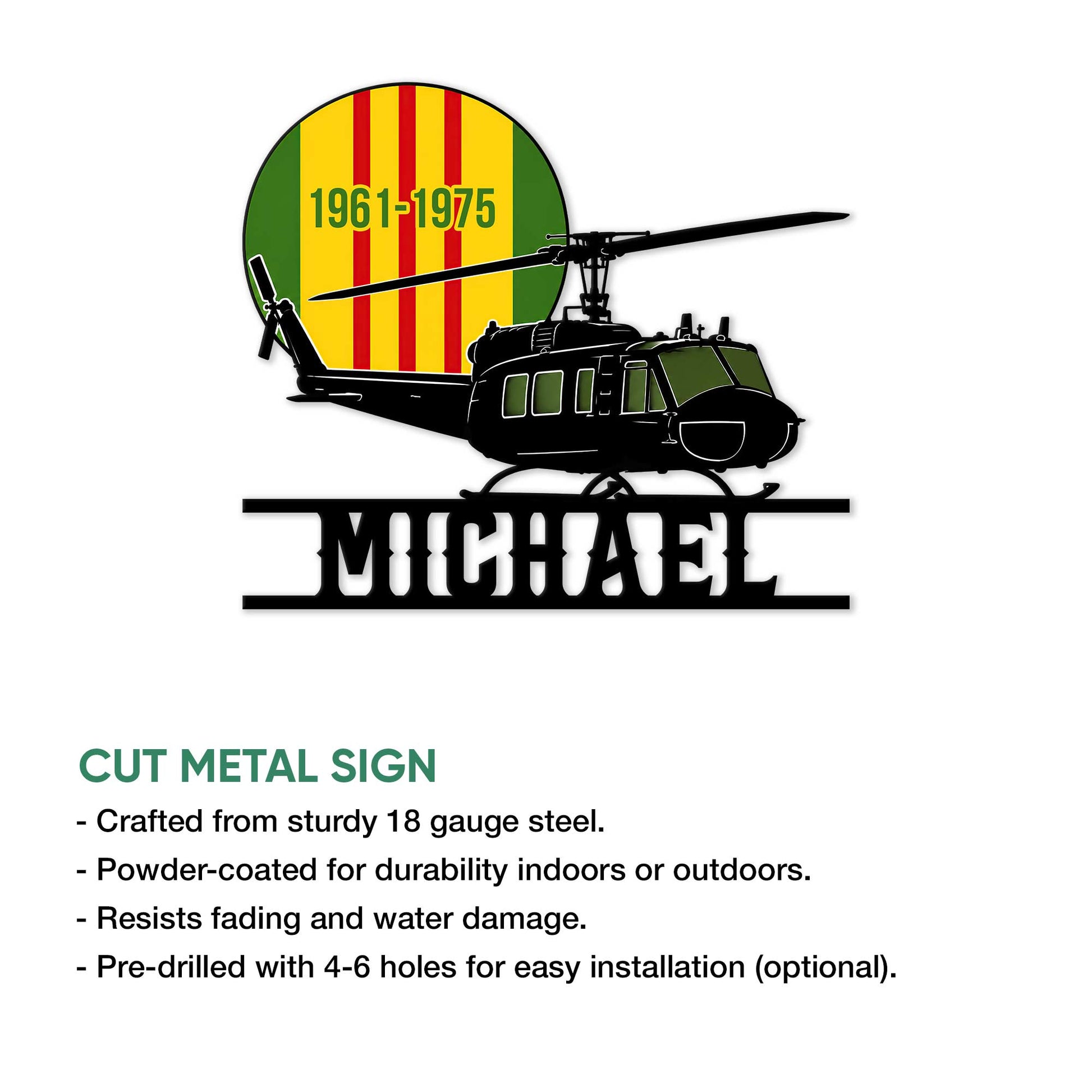 Vietnam War veteran sign showing a Huey helicopter design with a bold historical graphic presentation