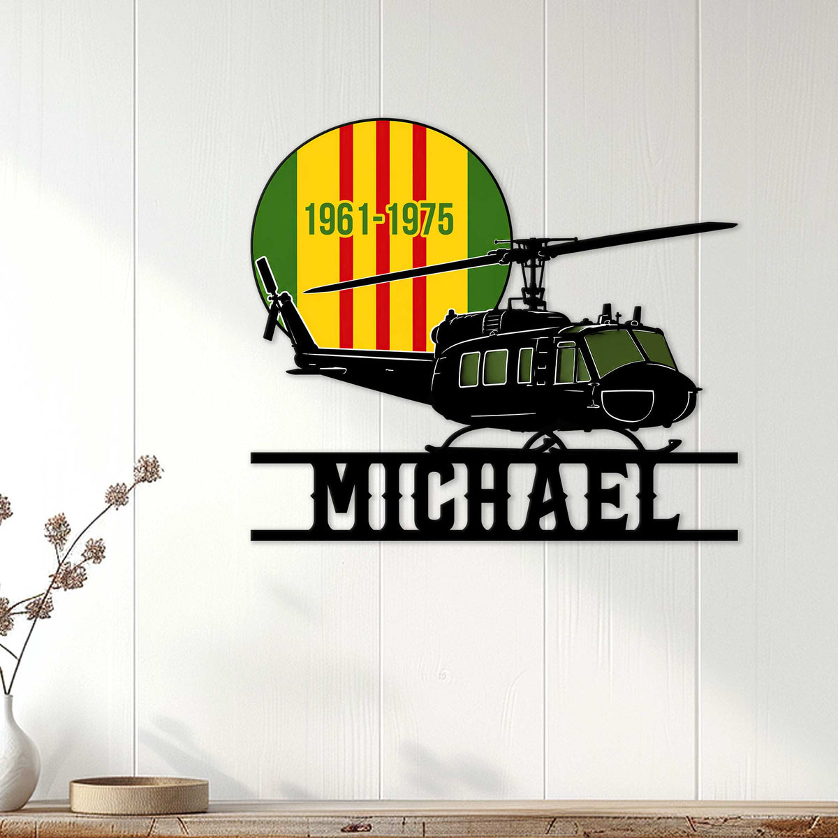 Vietnam Veteran wall decor displayed on a light wood-paneled wall in a home setting