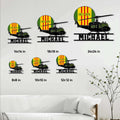 Vietnam Veteran metal sign size guide showing available square dimensions in a living room display