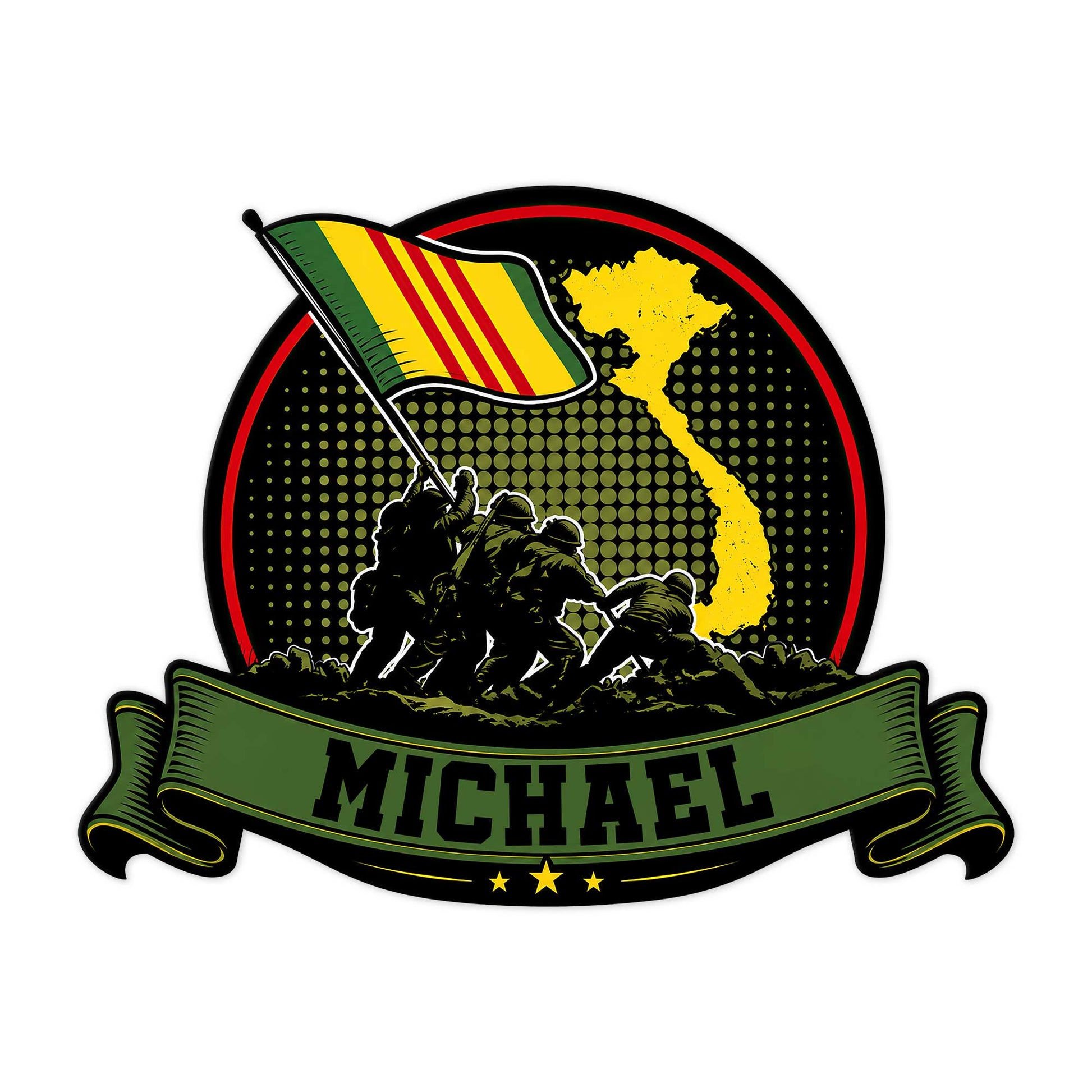Vietnam Veteran metal sign featuring soldiers, a Vietnam map, service flag, and bold military emblem design