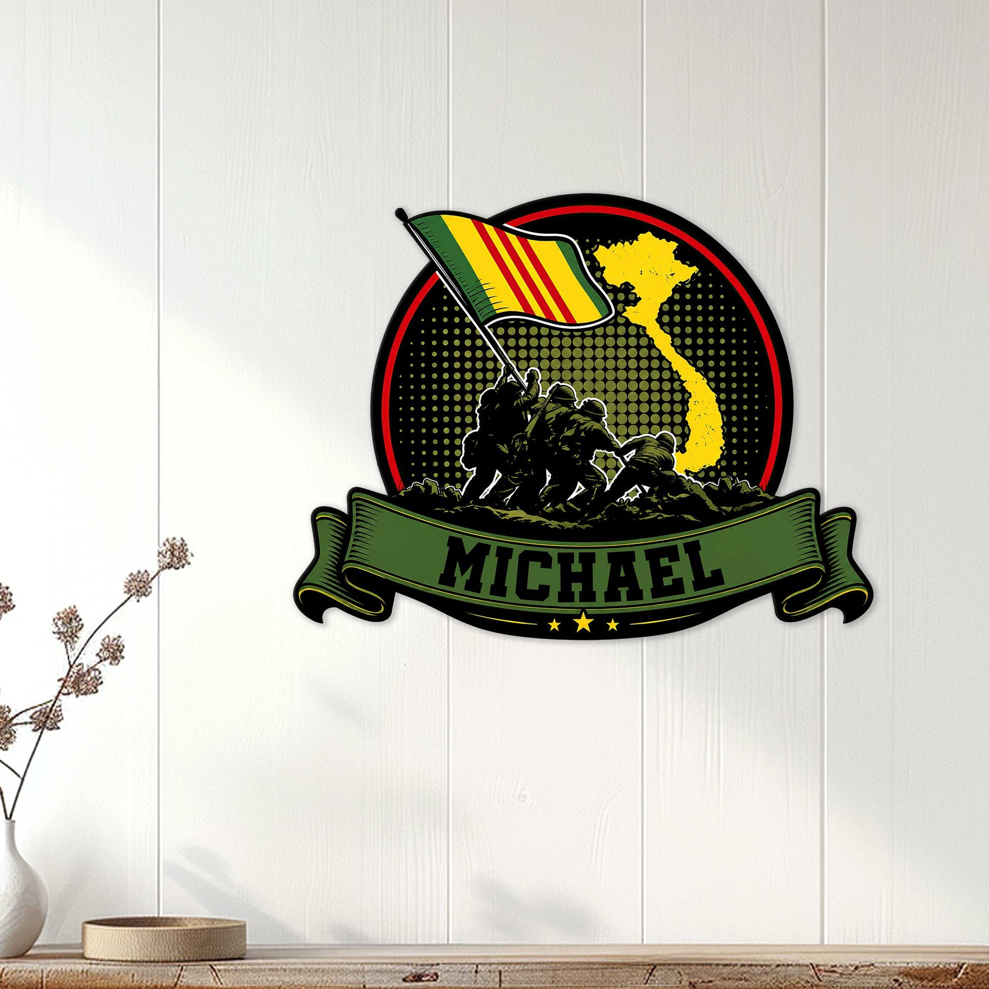 Vietnam Veteran military wall decor displayed on a white paneled wall in a home setting