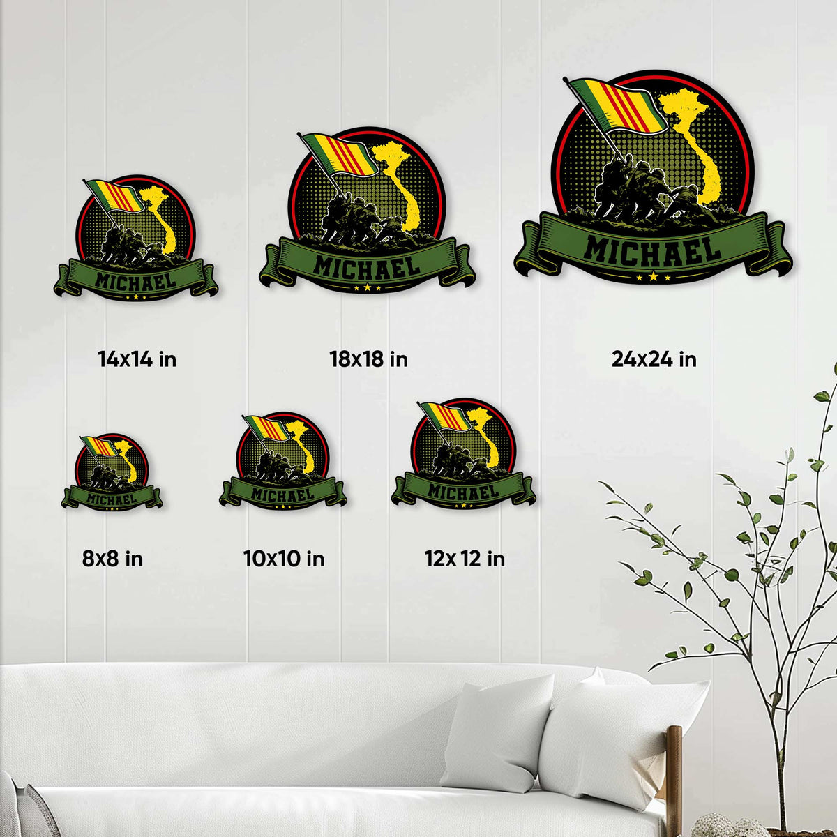 Vietnam Veteran metal sign size guide showing six square size options from 8 by 8 to 24 by 24 inches