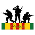 Custom Vietnam Veteran metal sign featuring three armed soldier silhouettes over a bold green, yellow, and red design